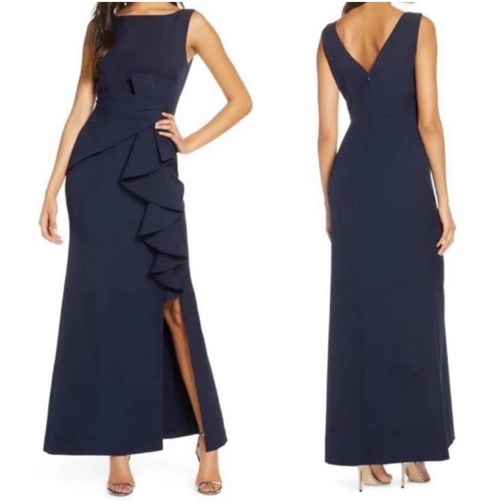 Eliza J Ruffle Front Formal Dress Pleating Waist Sleeveless Blue Size 8 NWT